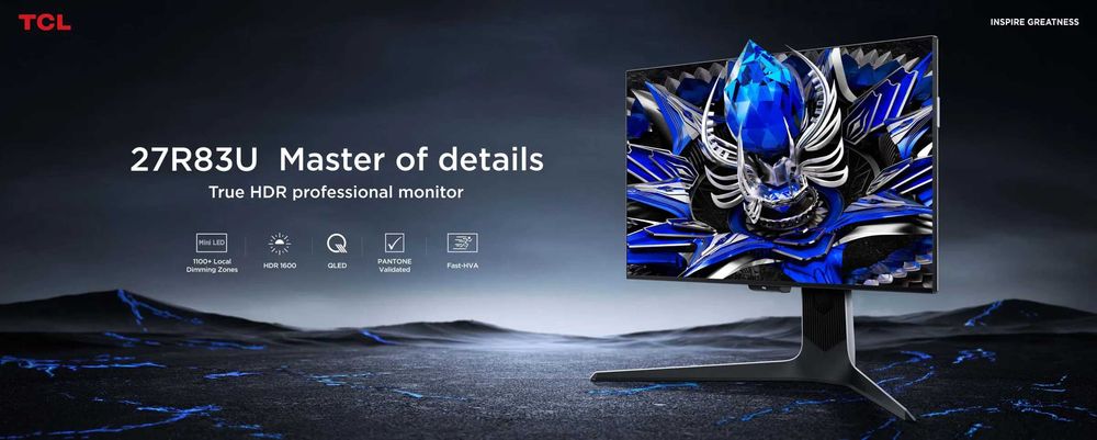 Monitor Gaming QD-Mini LED TCL 27R83U 27-inch 4K UHD 160Hz 1ms HDR1400 Free-Sync G-Sync USB-C Boxe