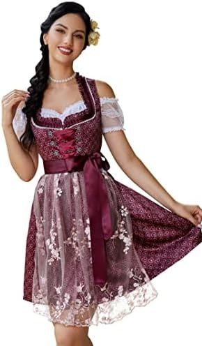 KOJOOIN Dirndl Дамска  традиционна рокля с дантелена престилка от 2 ча