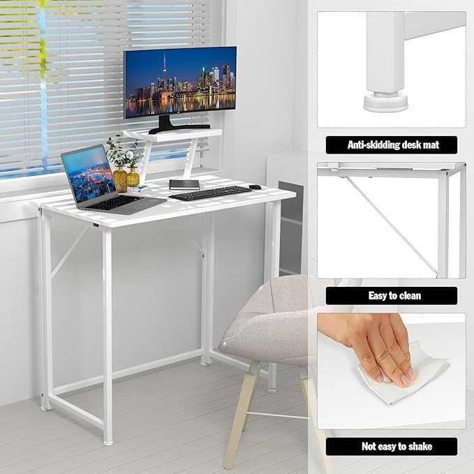 Сгъваема маса със стойка за монитор, бяла, компютърна 80 x 45 x 75 см,