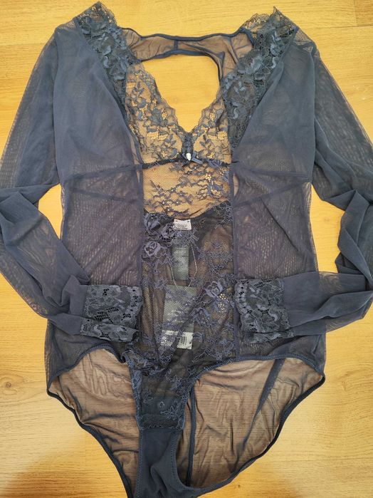 Синьо дантелено боди с дълъг ръкав, 44/46 Esmara