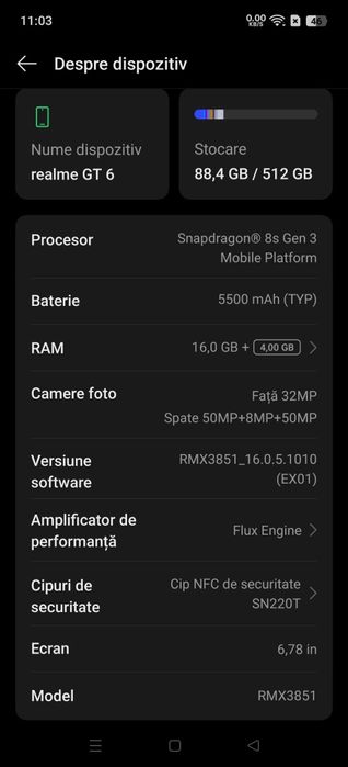 Telefon REALME GT6 ca NOU, Snapdragon 8 Gen3, 20Gb RAM*512Gb  stocare, foto premium, original la cutie, factura și bon achiziție eMag, baterie 5500mAh