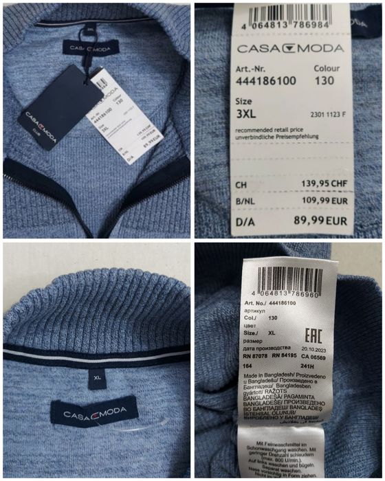 Pulover nou tricotat CASAMODA cu fermoar scurt mărimea 3XL ptr bărbați