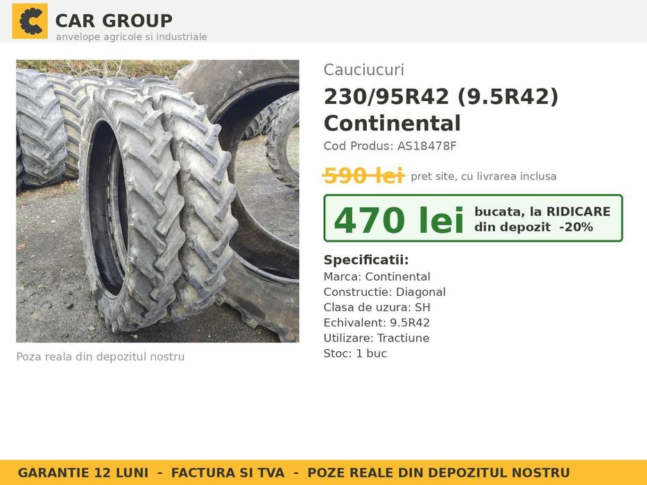 ANVELOPE 230/95R42 9.5R42 230 95 R42 Continental Cauciucuri Tractor Prasit Rand Ingust Porumb Floarea Soarelui Vie Livada SH Garantie 1 An FACTURA TVA
