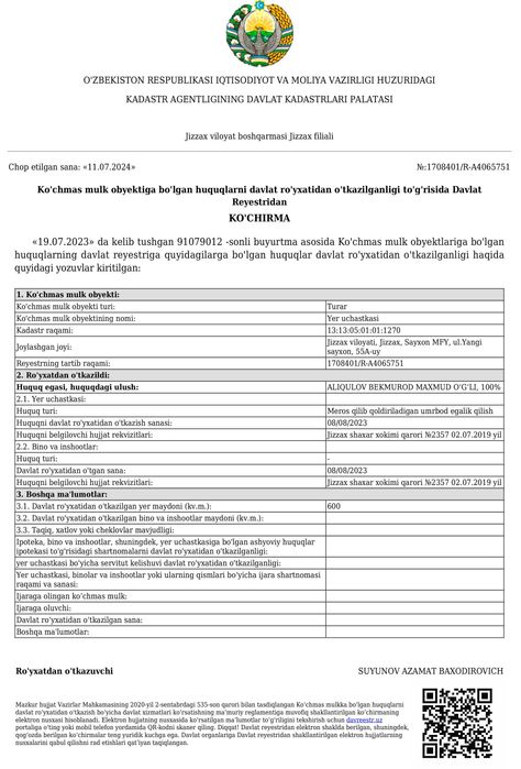 Uchastka Sayhonda kadastr hujjati bor