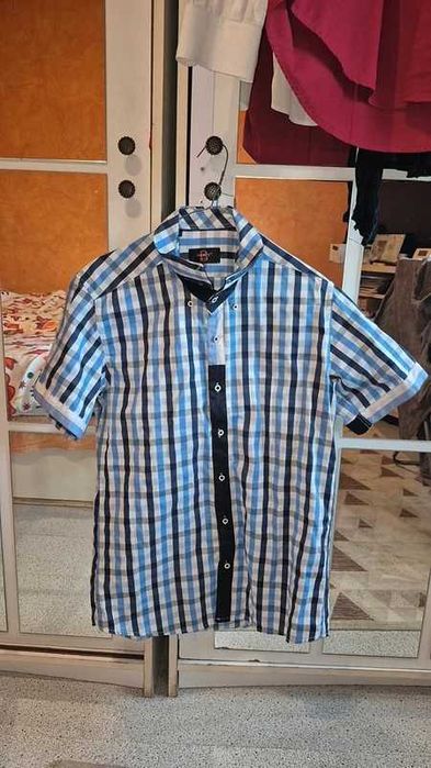 Cămașă bărbătească Biente Slim Fit, carouri albastru cu alb, XXL