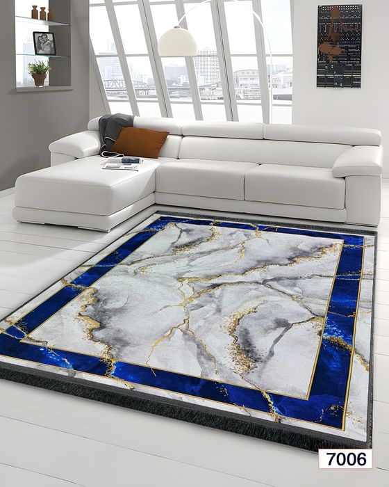 Covor Modern Premium din IRAN – Design Marmură / Albastru Regal