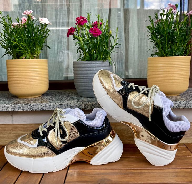 Pinko Sneakers Womens 6 Olivo Black and Gold Chunky Platform – Y2K Astheric