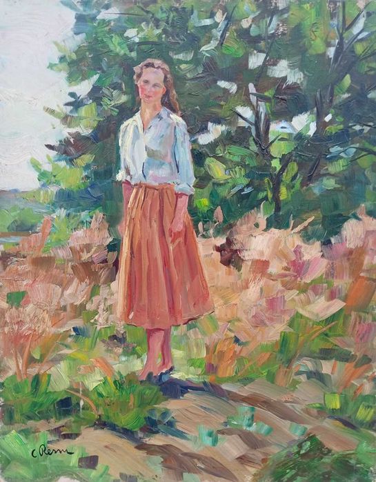 Tablou vechi -  femeie in natura - semnat C Ressu