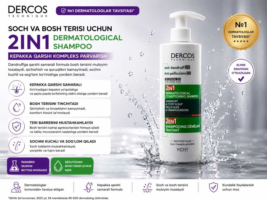 Vichy Selenium DS 2 ta 1 da,Sezgir bosh terisi uchun, qazg‘oqqa qarshi