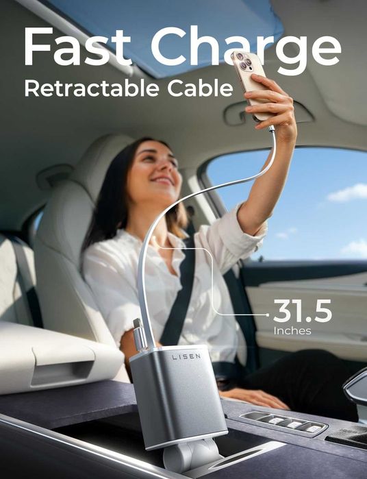 LISEN Прибиращо се зарядно за кола, 69W USB C адаптер