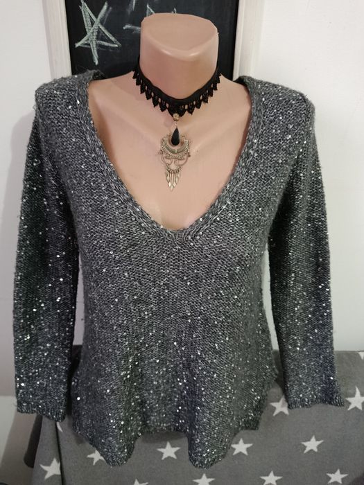 Pulover Zara superb gri elegant cu paiete mohair lana Alpaca mărimea S