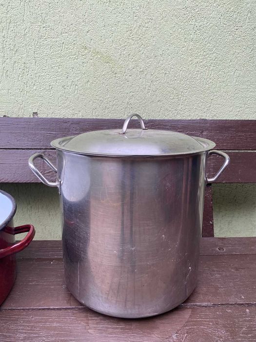 Oala inox 25 L cu capac + oala emailata rosie 15 L