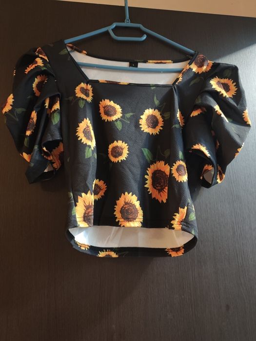 Bluză mâneci scurte bufante imprimeu floarea soarelui