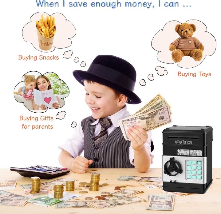 Seif interactiv pentru copii pusculita electronica bancnote si monede