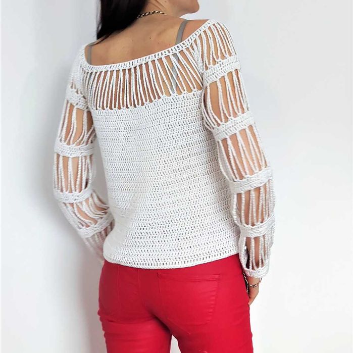 Бяла Блуза, Пролет Лято Пуловер, Ръчна Изработка, Памук и Вискоза