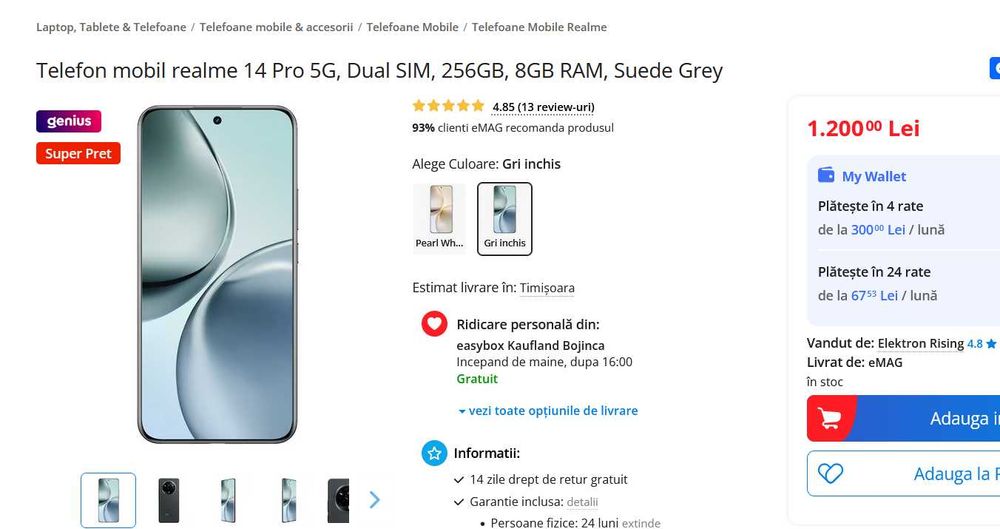 Telefon mobil realme 14 Pro 5G, Dual SIM, 256GB, 8GB RAM, Suede Grey