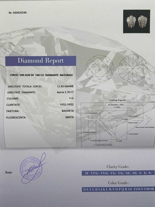 CERCEI AUR alb 14K + DIAMANTE TOP = 2.70CT - VVS1 - F - 12g. + Certificat !