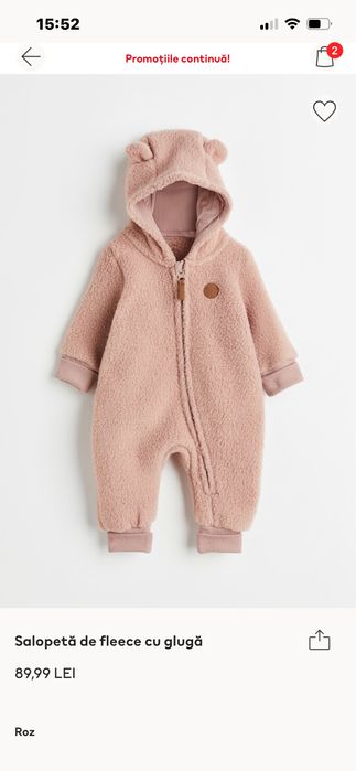 Combinezon ursulet cu gluga ,H&M ,roz, 74