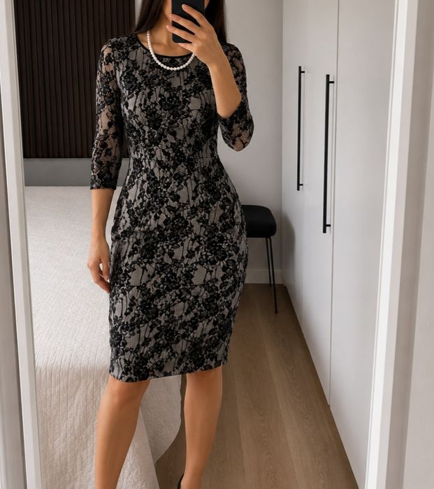 Rochie elegantă neagră dantelă midi mulată ocazie nuntă petrecere M S L elastică