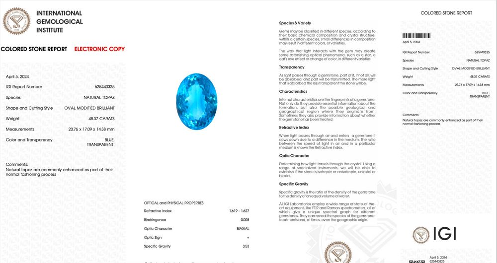 Естествен син топаз - 48.37 карата, IGI сертификат