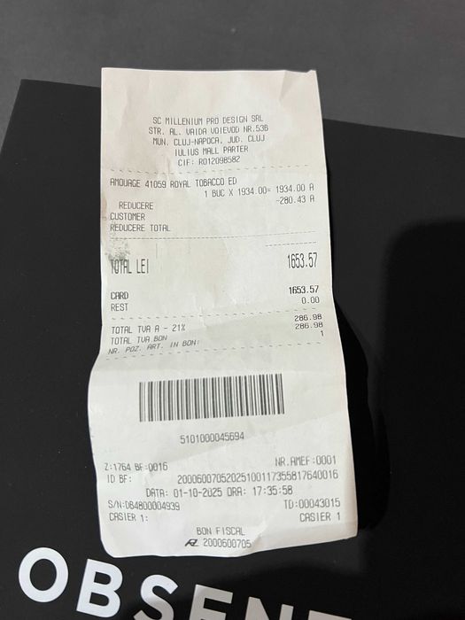 Amouage Royal Tobacco din Obsentum original / Bon fiscal