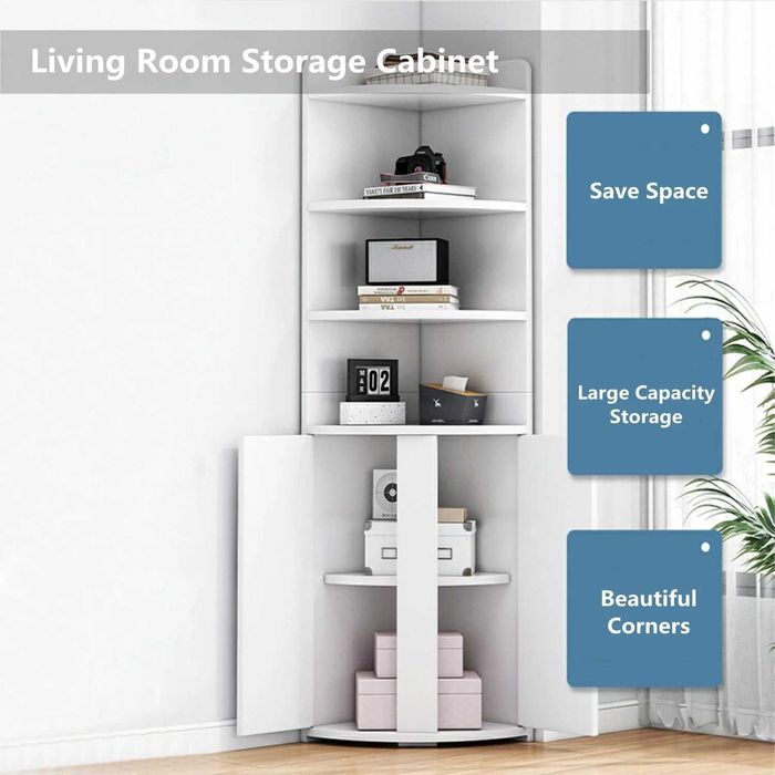 Biblioteca pentru colt cu 4 polite si dulap 2 usi, 180x50x50cm, alb