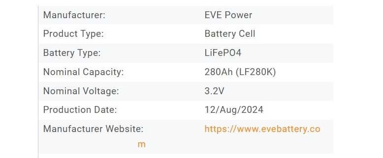 Celule LiFePO4 EVE LF280K V3 310 ah, pentru panouri solare