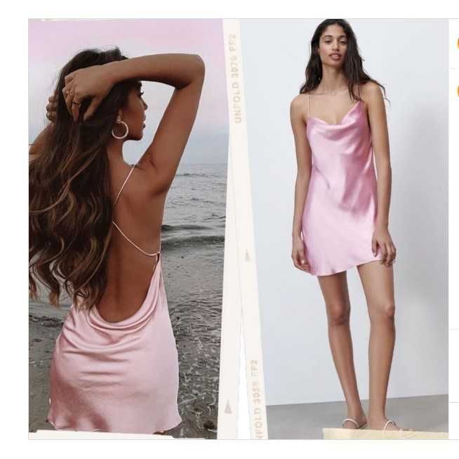 Zara rochie mini scurta roz pudra bretele spate gol