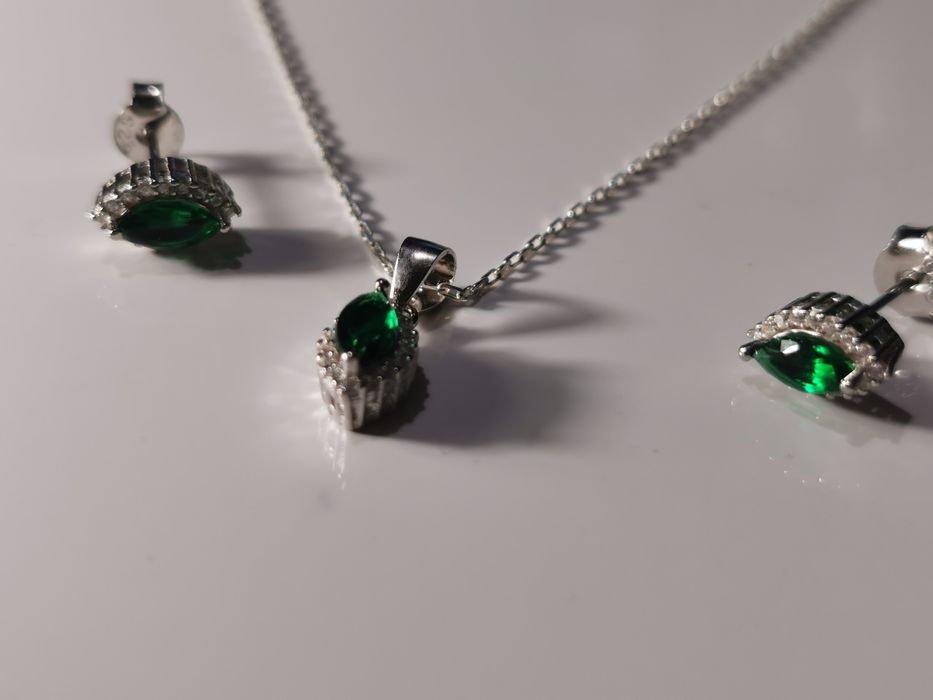 Set bijuterii argint 925 - rădăcină de Smarald - pandant, cercei, lant