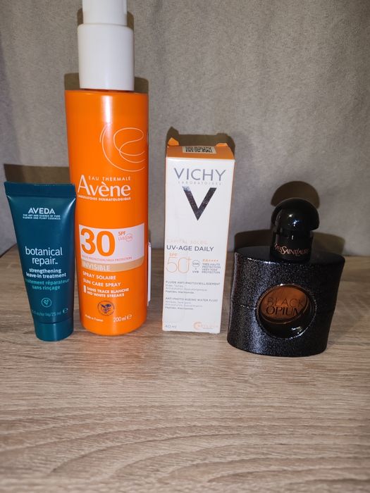 Парфюм YSL , флуид за лице vichy, слънцезащитно мляко avene и защитен крем за коса aveda