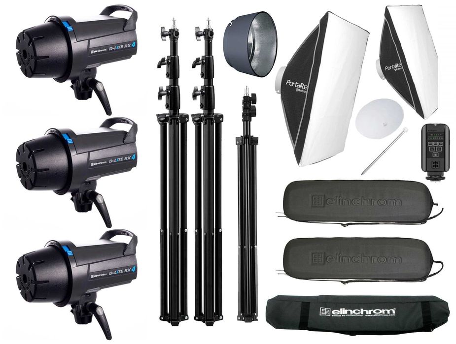 Kit studio foto - 3x Elinchrom D-Lite RX4 - 3 blitzuri 400w, softboxuri, umbrele, stative, trigger, huse