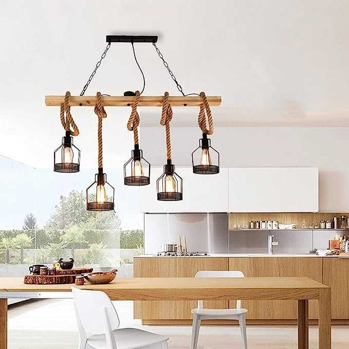 Висяща полилей винтидж ретро рустик дървена висяща черен метал 220