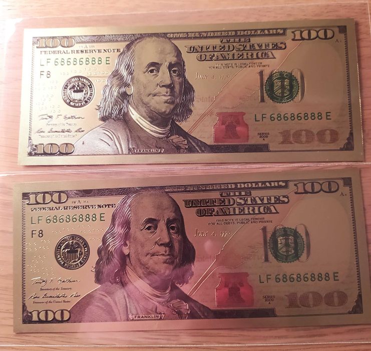 Лот от 5 бр. 100 долара-позлатени,сувенирни,пластични,релефни банкноти