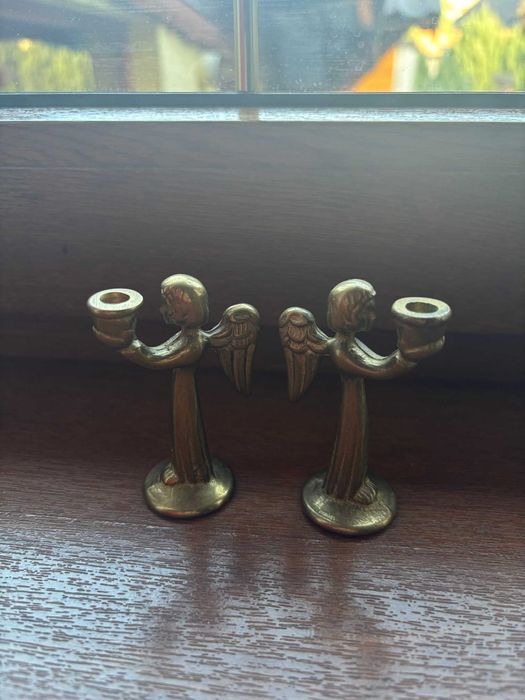 Set cinci ingerași identici/suporturi lumânărele/bronz masiv/7,2cm.