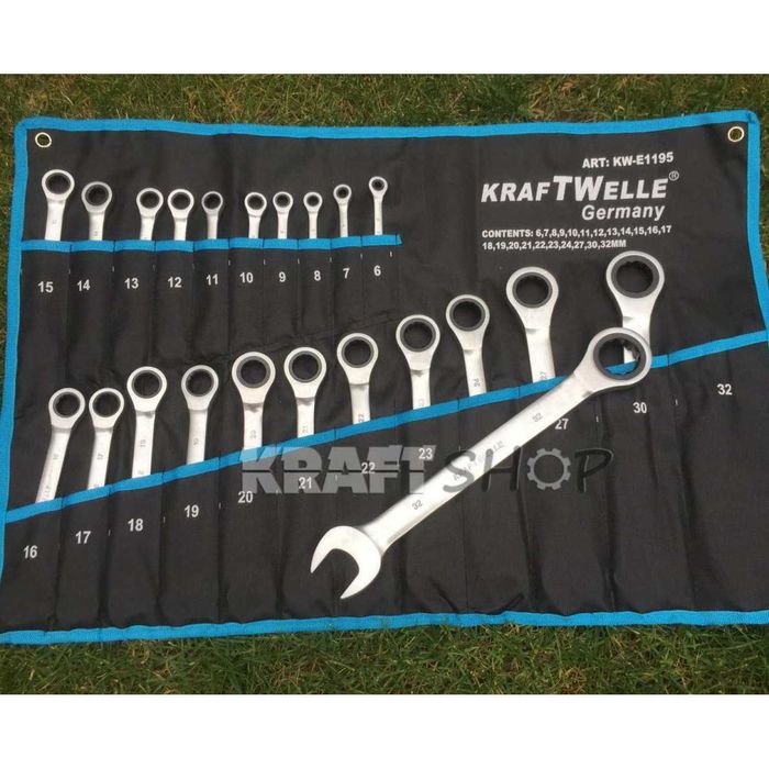 НЕМСКИ Тресчотни Ключове 22 Части KrafTWelle 6-32мм + ЛЕД ФЕНЕР