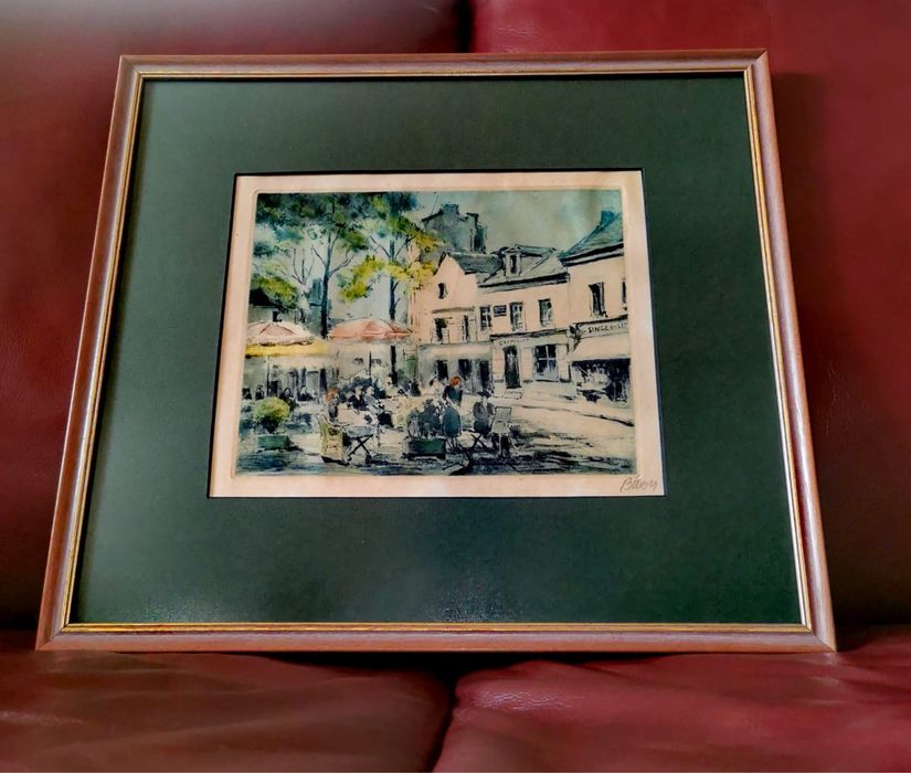 Картина френско изкуство офорт градски пейзаж Париж подпис Марсел Баро