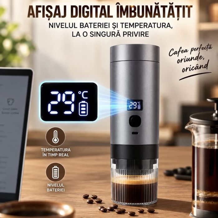 Espressor Aparat Facut Cafea Portabil  3 în 1 Bibica Edition, Putere 72W, Încălzire Apă 90°C, Capacitate 200ml, Afișaj Digital,