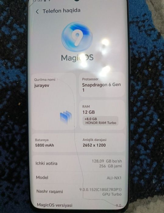 Honor X9b hotirasi :12/256 holati ideal aybi yuq
