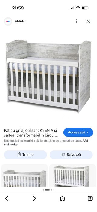Pătuț copil , folosit , în stare bună , saltea inclusă și lenjerie de pat .