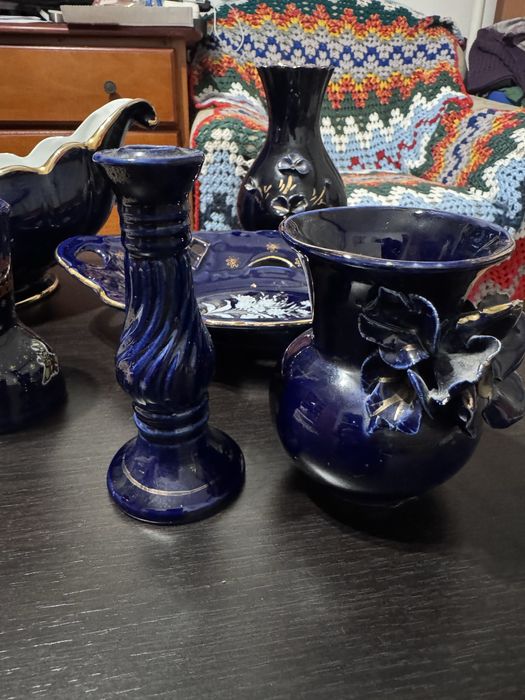 Vand set 7 bucati portelan-cobalt cu accente aurii