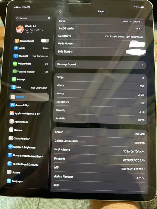 Ipad pro m2 12.9 2TB wifi + 5G