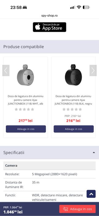 Camera supraveghere IP Dome Ajax TurretCam, 5 MP, 2.8 mm, IR 35 m, microfon, slot card, detectie obiecte prin AI, PoE, alb