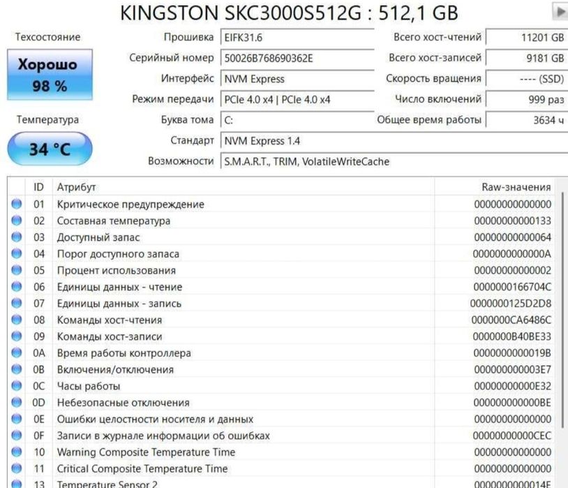 SSD накопитель 512 GB Kingston KC3000