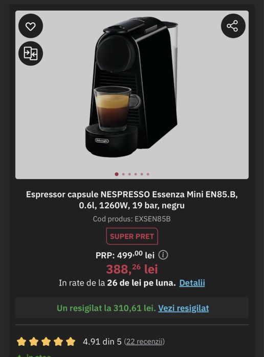 Espressor Nespresso De'Longhi Essenza Mini Black, 19 bari,