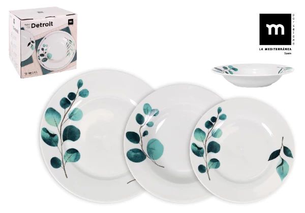 Set vesela masa Detroit 18 piese,ceramica decorata,rotund, Culoare Alb