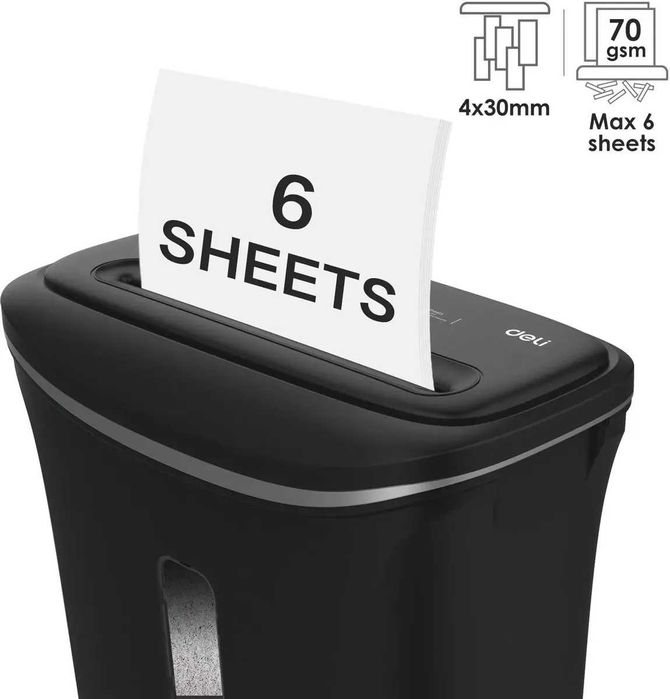 Уничтожитель бумаг Deli E9945, P-4, 4х30 мм, 6 лист. одновременно, 12л