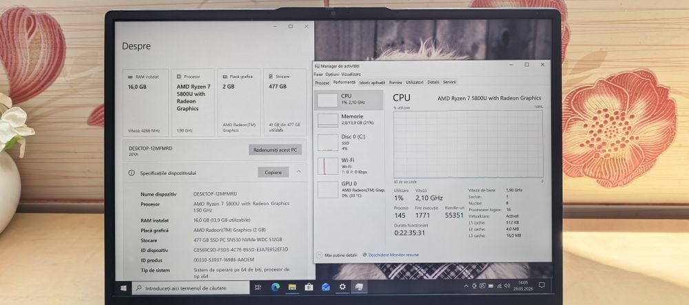 Laptop Lenovo ThinkBook 13s_4K_Ryzen 7 5800U // 16GB LDDR4X // 512GB SSD // 4K 13.3"IPS - - 5-6 Ore bateria // 10 din 10 - NOU // FULL Aluminiu