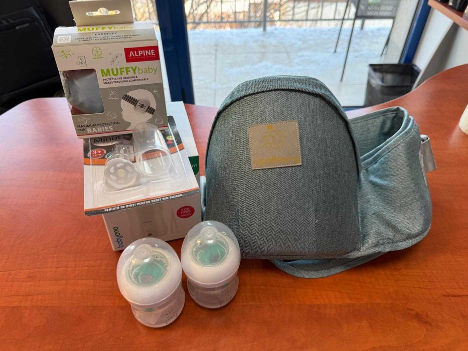 Sterilizator portabil nou, casti antifonice bebe, marsupiu cu scaun