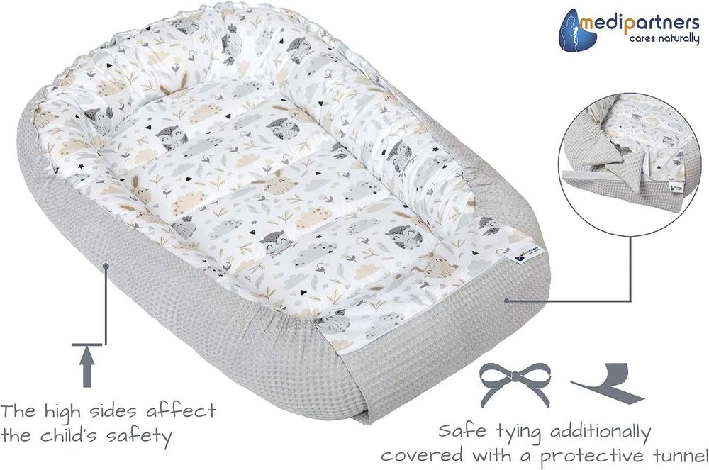 Medi Partners – Бебешко гнездо Cuddle Nest, 100% памук, Waffle, 100 × 60 × 15 см, сив цвят с животни