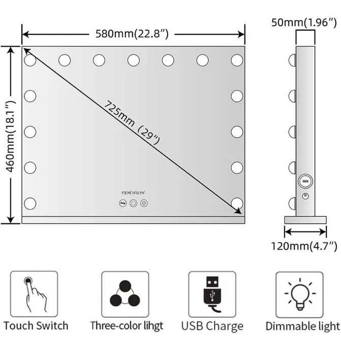 Гримьорско Огледало Hollywood style 46×58 с 15 led 80 × 60 см. 18 LED